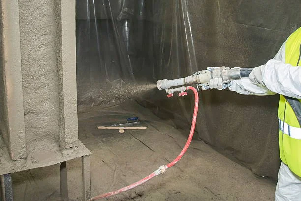 Operario aplicando mortero ignífugo proyectado sobre estructura metálica con pistola neumática