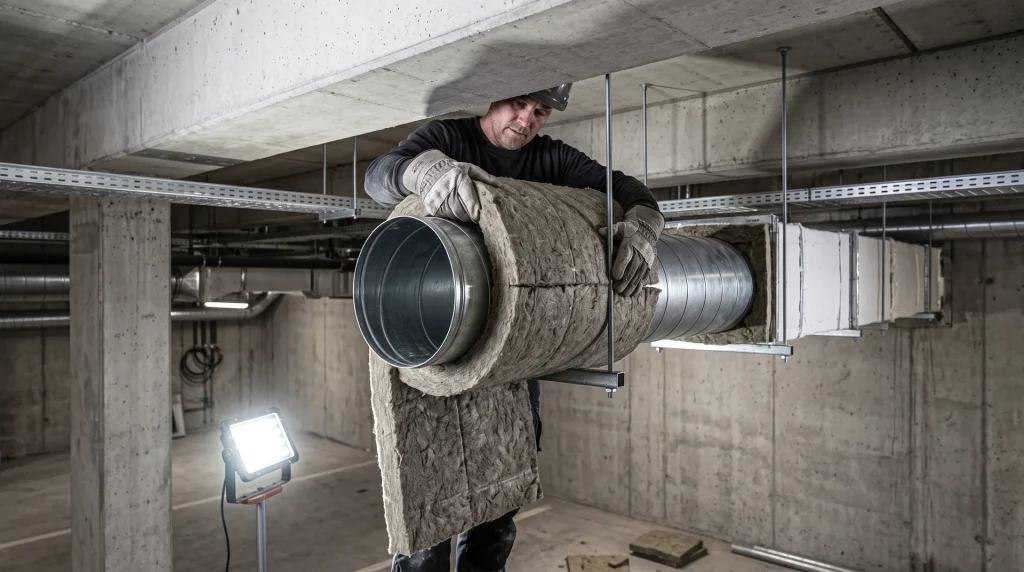 Instalador aplicando panel de lana de roca sobre conducto metalico circular para ignifugacion en aparcamiento