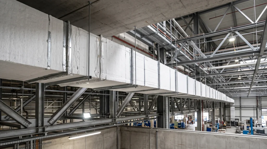 Conductos de ventilacion rectangulares forrados con paneles rigidos de fibrosilicato blanco en nave industrial