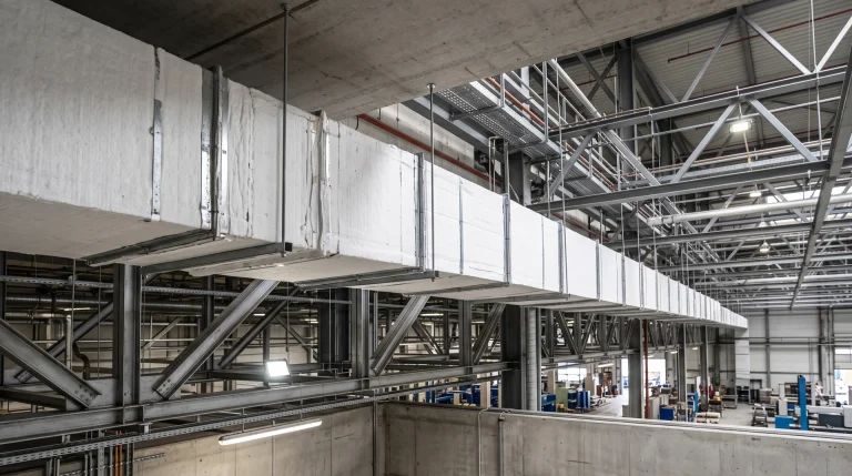 Conductos de ventilacion rectangulares forrados con paneles rigidos de fibrosilicato blanco en nave industrial