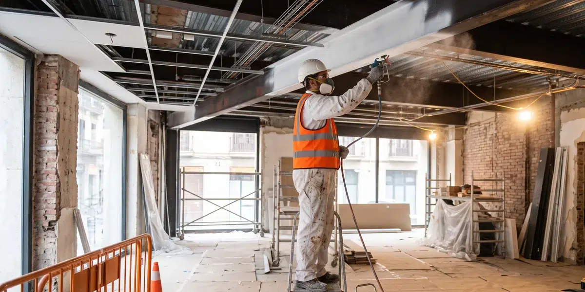 Técnico aplicando pintura intumescente sobre una viga metálica en la ignifugación de un local comercial