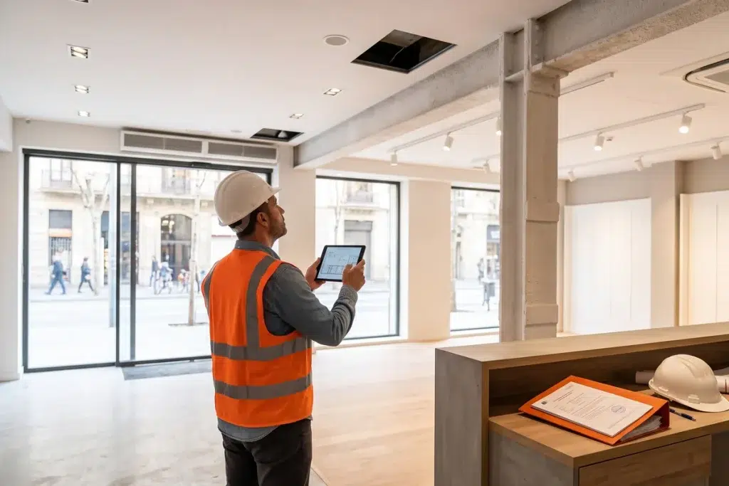 Técnico revisando falso techo y pilares ignifugados en un local comercial listo para abrir